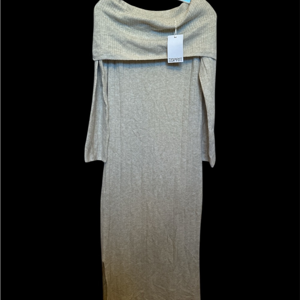 ESPRIT women’s sweater maxi dress off shoulder camel beige long sleeve size S